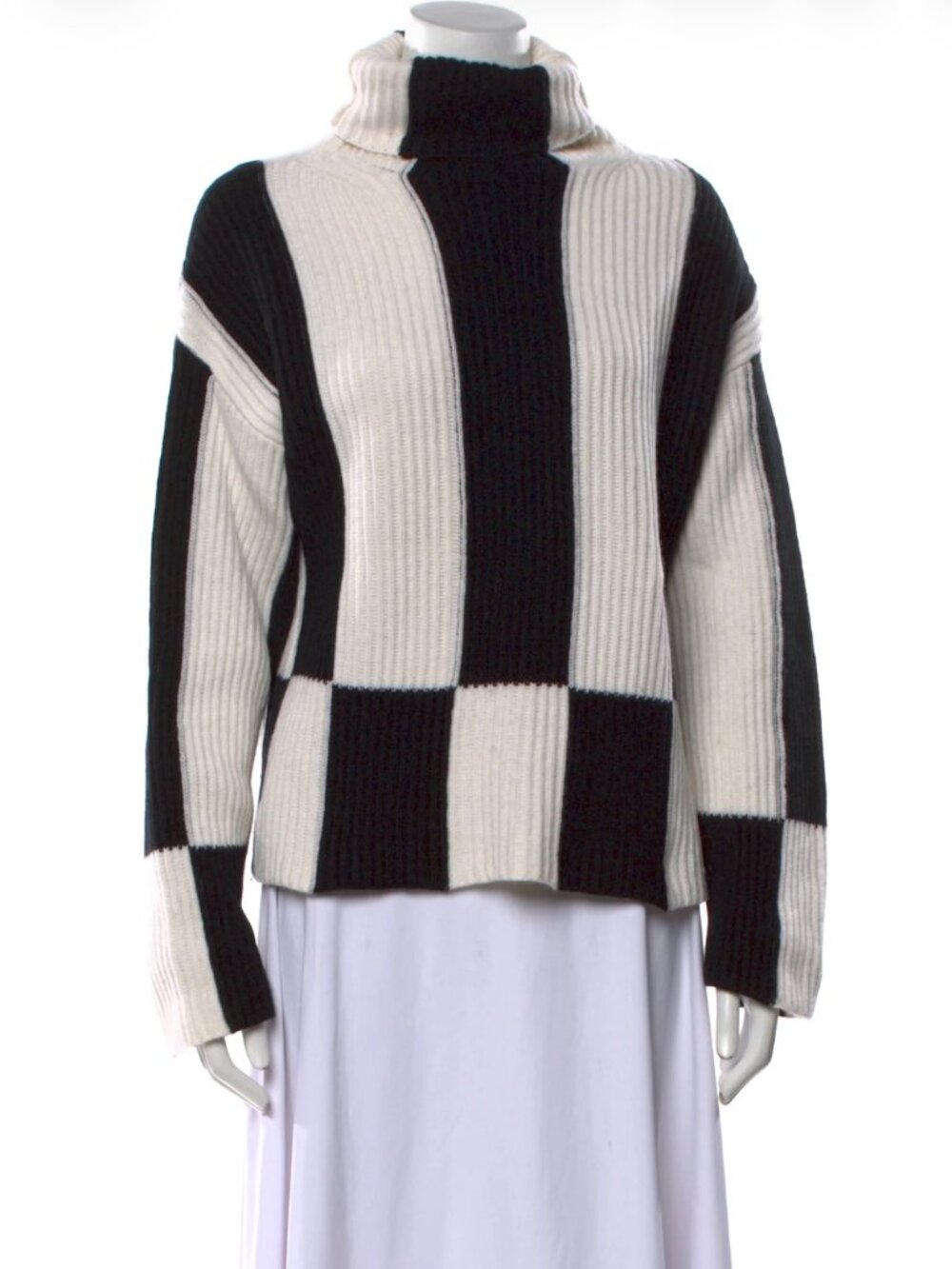 Allude Black Striped Color Block Mock NecWool Cashmere Turtleneck Sweater Size M